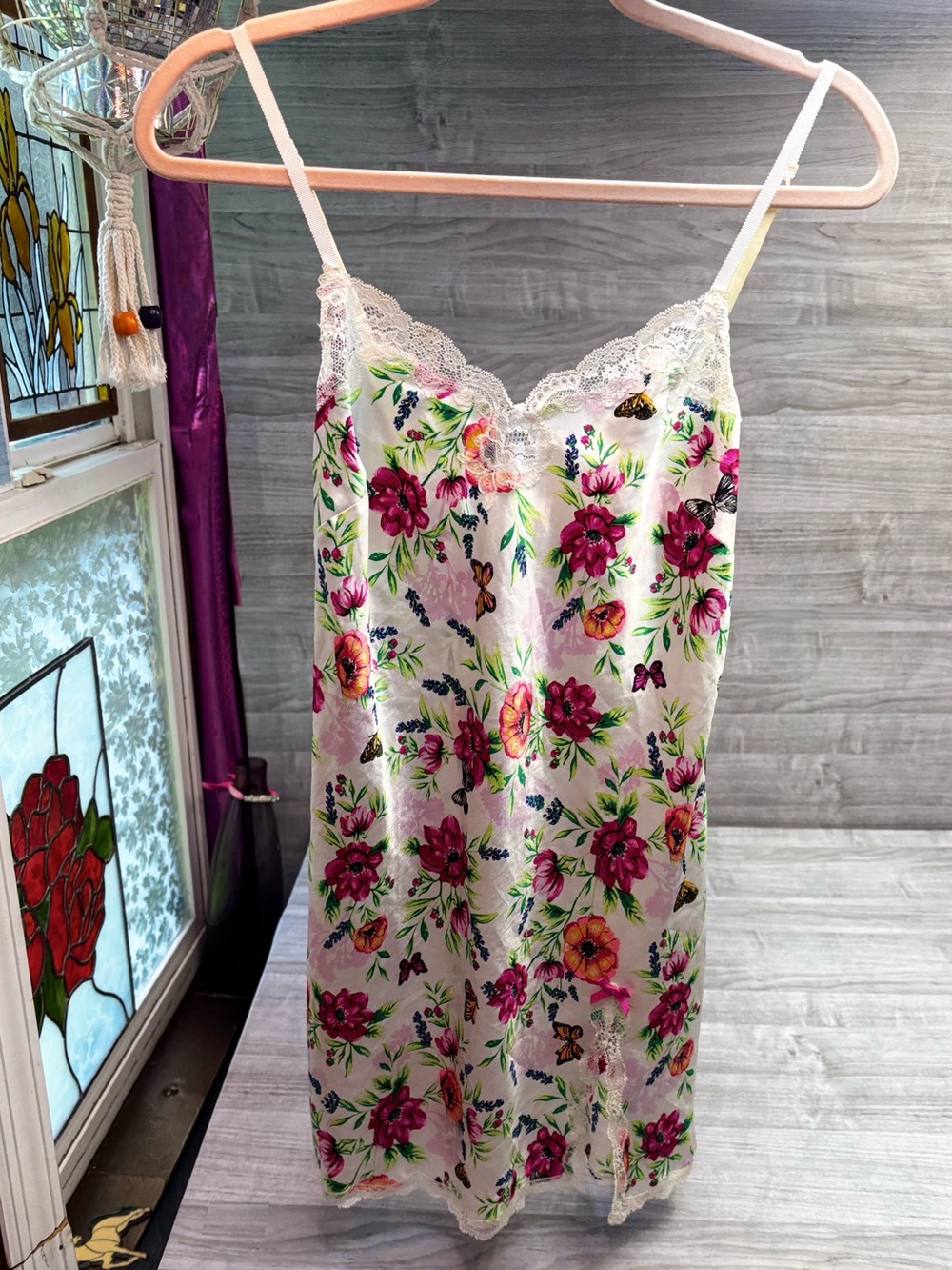 Y2K Victoria’s Secret Floral Lace-Trim Slip Dress White with Pink & Green